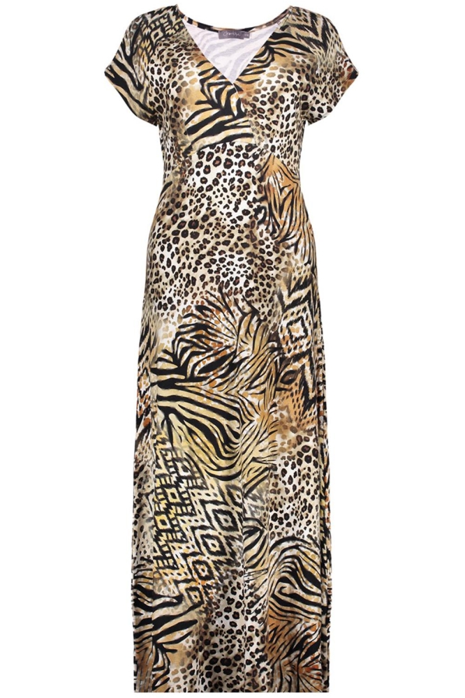 JUNE MIDI JURK MET V HALS EN PRINT 57366 60 000775 BROWN/BLACK